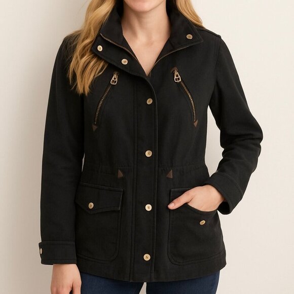 Juicy Couture Black Utility Jacket w/ Gold Hardware & Removable Hood – Size XS